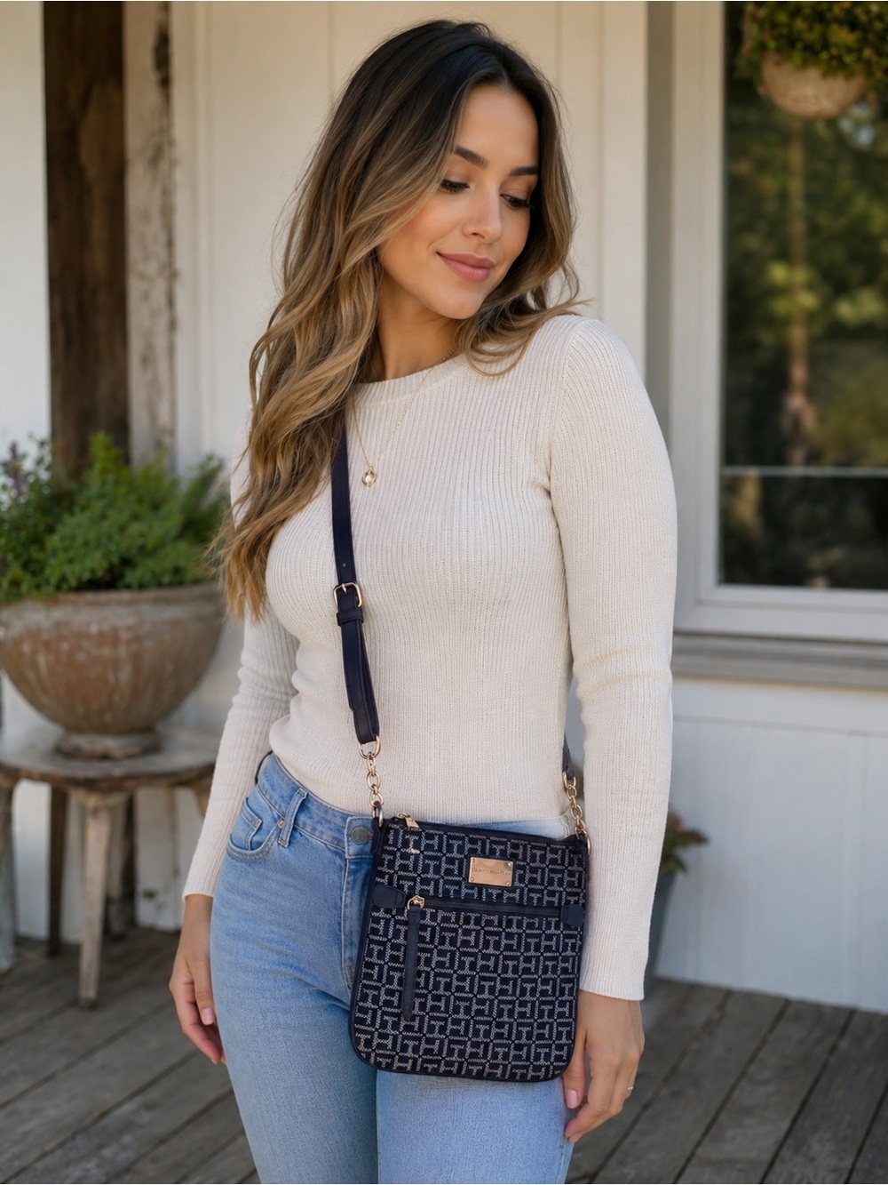 Tommy Hilfiger Navy Monogram Crossbody Bag Gold Hardware Adjustable Strap